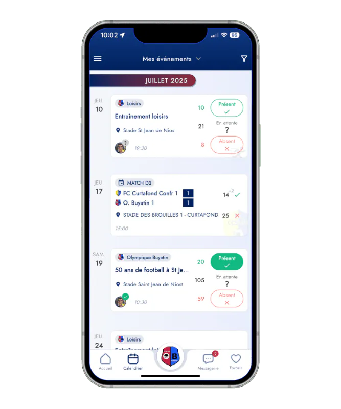 Le calendrier du club dans l'application SportCorico
