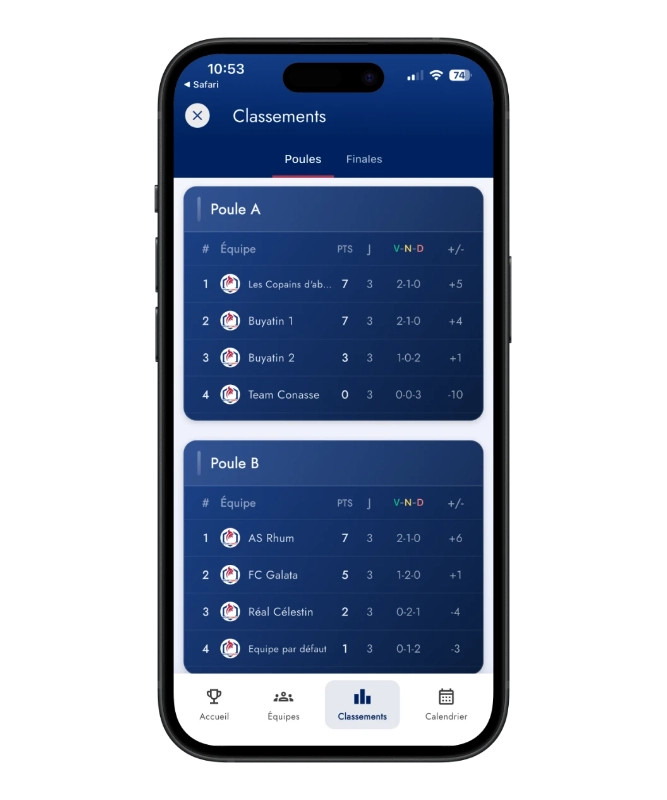 Visuel fonctionnalité : Phases de poules & classements en temps réel