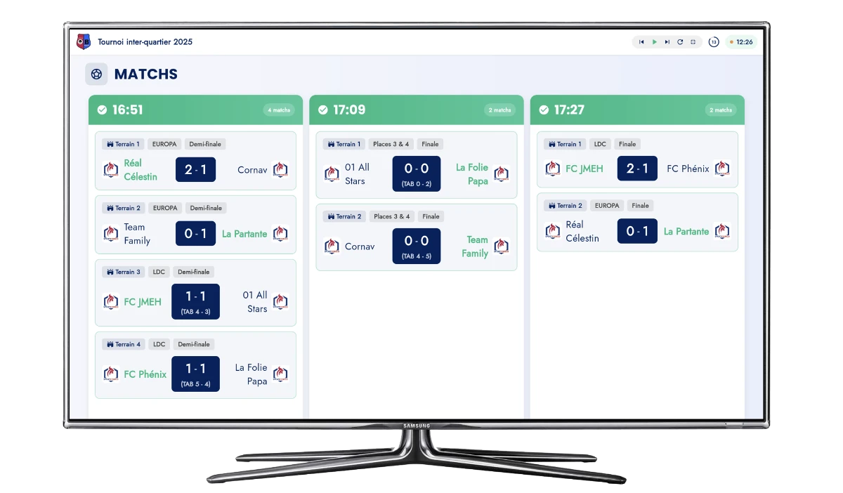 Affichage TV des résultats du tournoi en temps réel - logiciel de gestion de tournoi